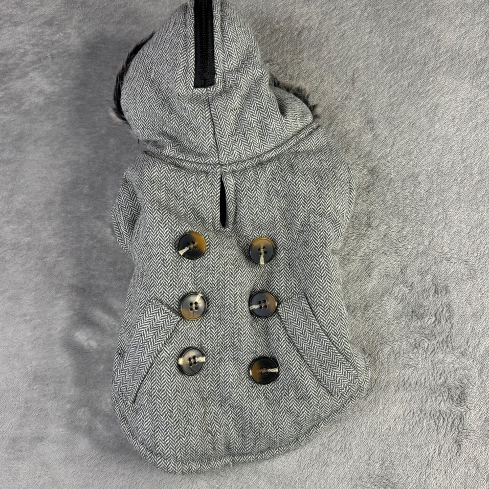 Herringbone Dog Coat Unisex Small Grey Faux Fur Hooded Fleece Lined